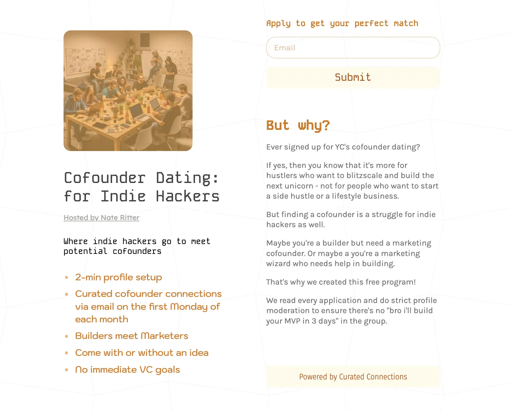 Cofounder Dating for Indie Hackers website