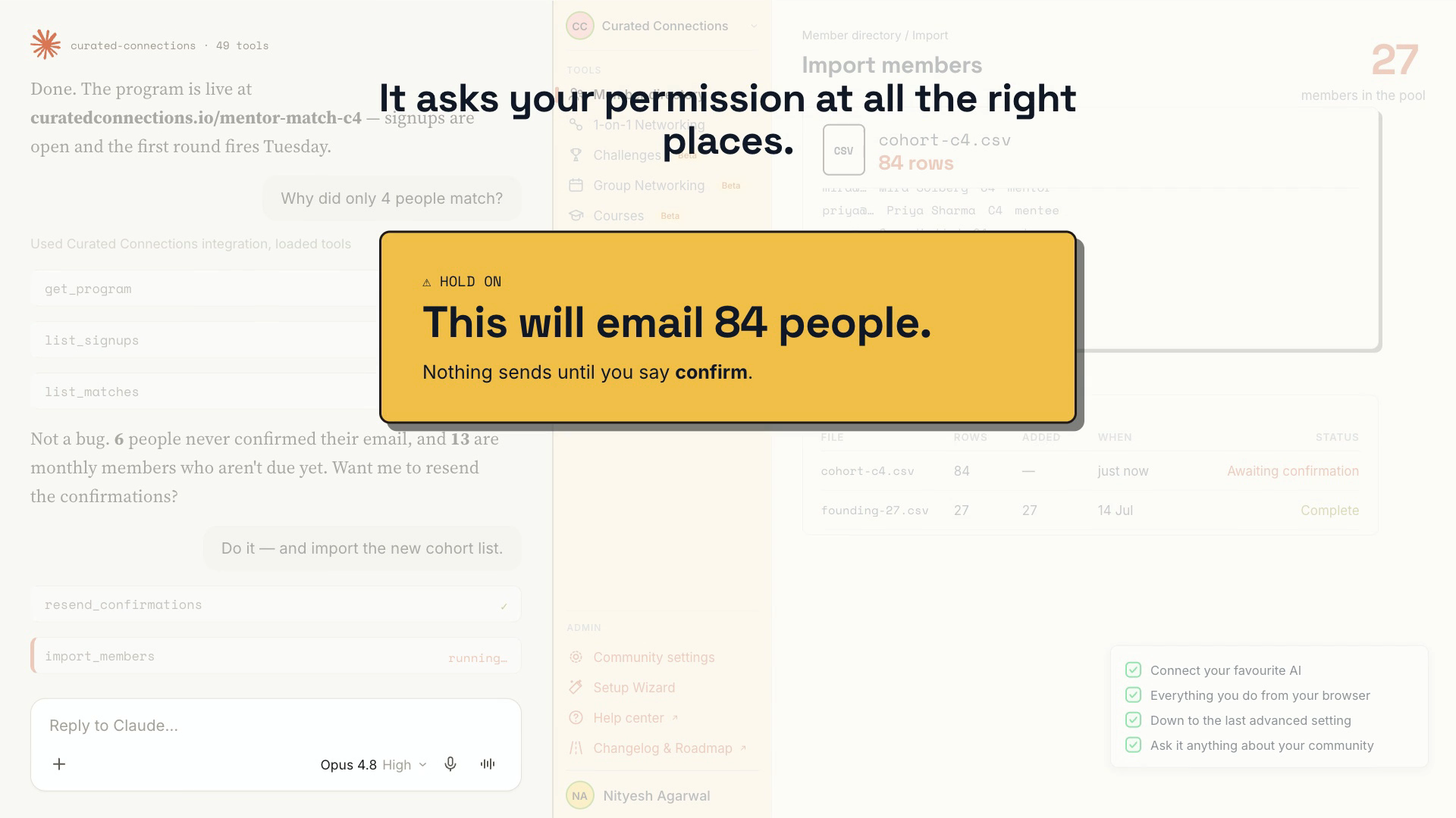 Confirmation card showing exactly who will be emailed before anything sends